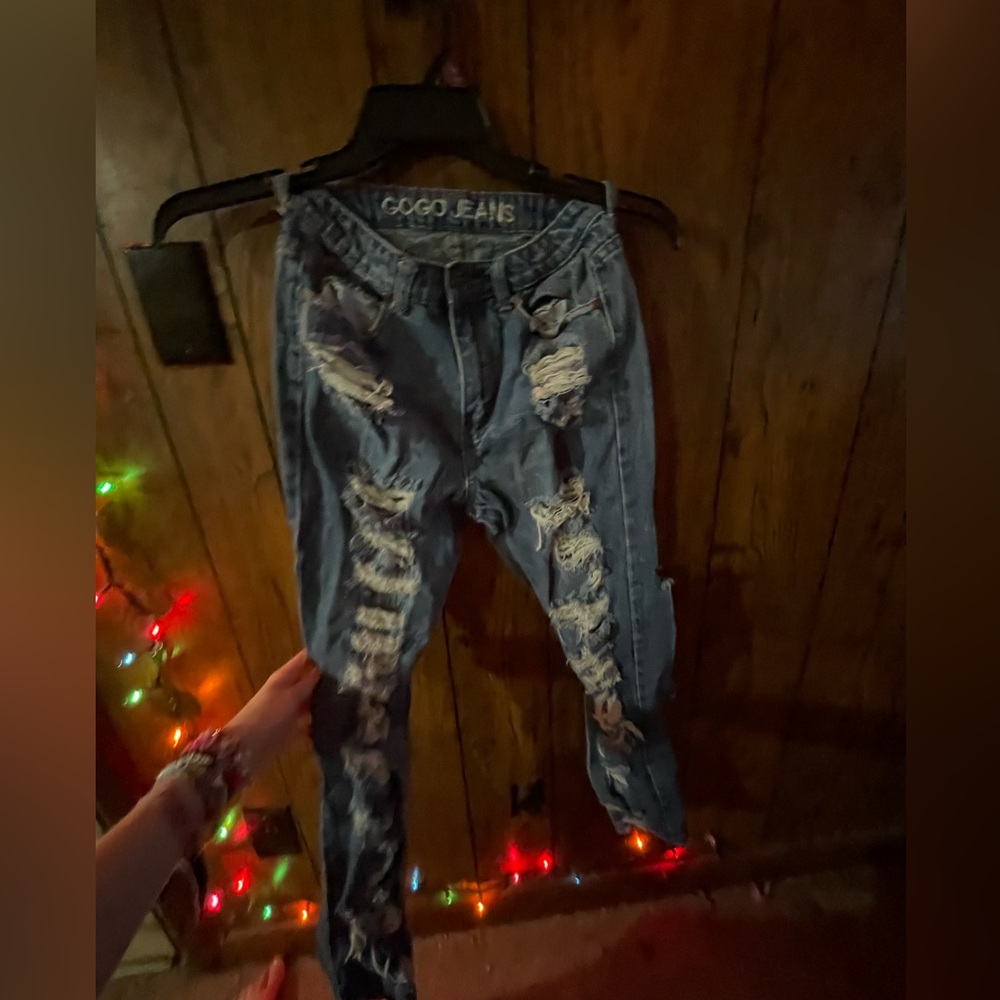 GOGO Jeans Distressed Ripped Skinny Jeans Medium Wash Denim